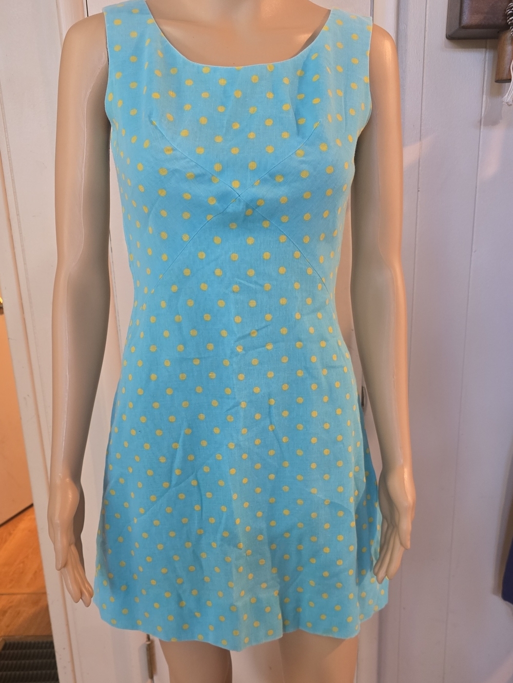 1960's Vintage Sleeveless Aqua Polka Dot Dress with Yellow Dots